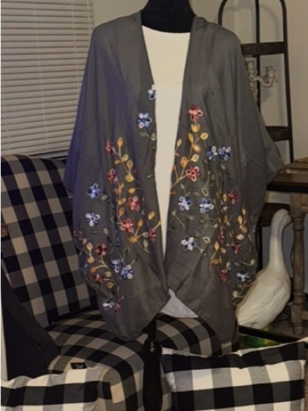 Gray Embroidered Floral Kimono Wrap